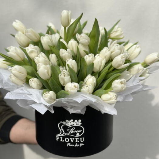 70 White tulips in a box