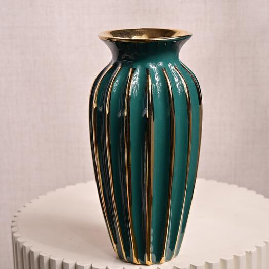 Green and Gold Striped Ceramic Vase  6813