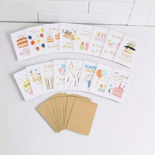 Happy Birthday Mini Postcard Set – 16pcs with Envelopes