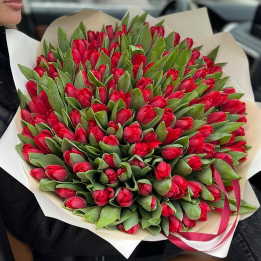 Букет из 101 роскошных ярко-красных тюльпанов