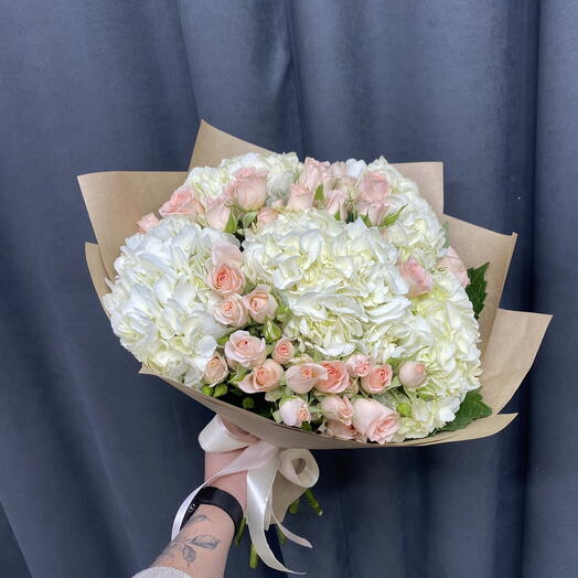 Lightness of Being _ White Hydrangea with Soft Pink Rose Luxury Bouquet