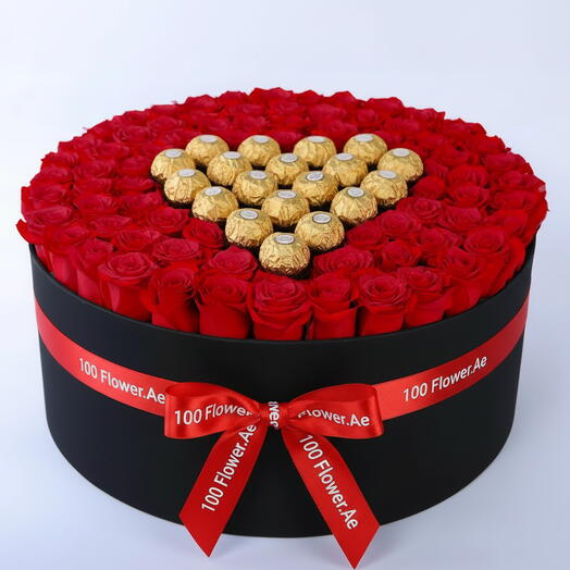 Roses rouges avec boîte de chocolats