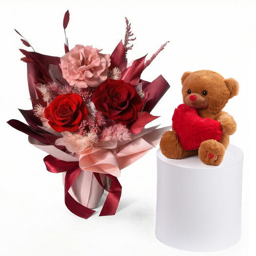 Forever Red And Blush Rose Bouquet with Teddy