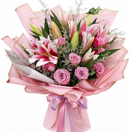 Pink Lily and Rose Bouquet | Elegant Floral Gift