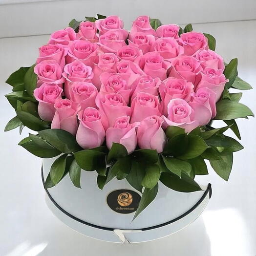 Pink Roses in White Round Box