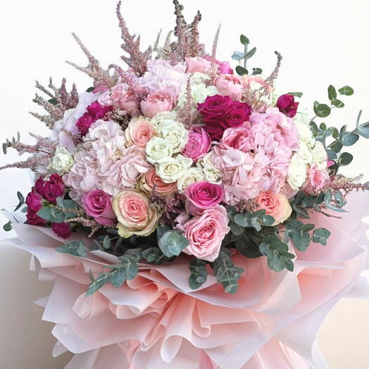 Enchanting Pink Bouquet: Fresh Mix of Roses, Hydrangea, and Eucalyptus