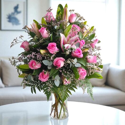 "Pink Rose Lily Arrangement Glass Vase | Same Day Dubai"