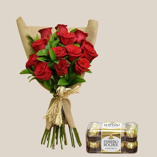 12 Red Roses Bouquet And Chocolates