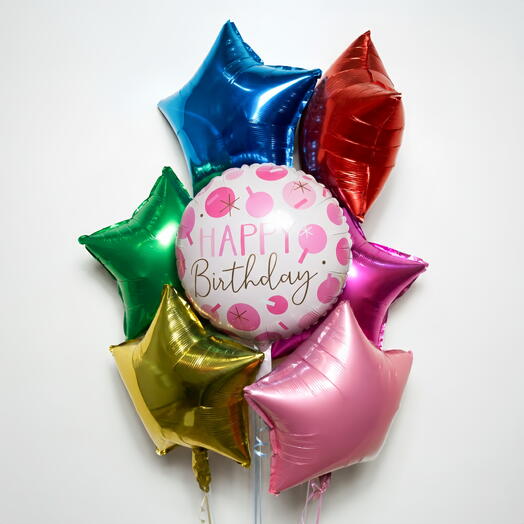 Set de 6 globos estrella Feliz Cumpleaños tema rosa premium 7418