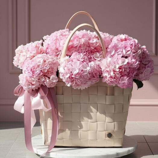 11 pink hydrangeas in a bag