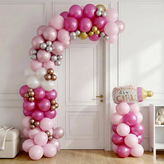 Pink Chrome Baby Balloon Arch – Luxury Setup with Feeding Bottle Foil