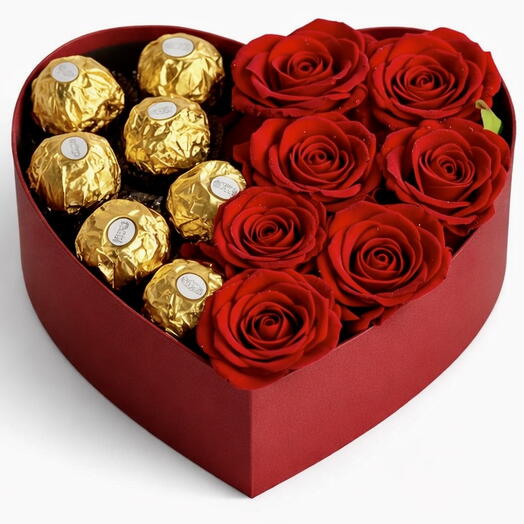 ورود حمراء   علبة فيريرو على شكل قلب | هدية رومانسية في دبي