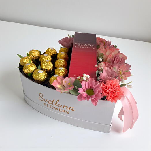 Luxury Heart‑Shaped Rose   Chocolate Box + Escada Magnetism – Romantic Gift for Her (Same‑Day Dubai)