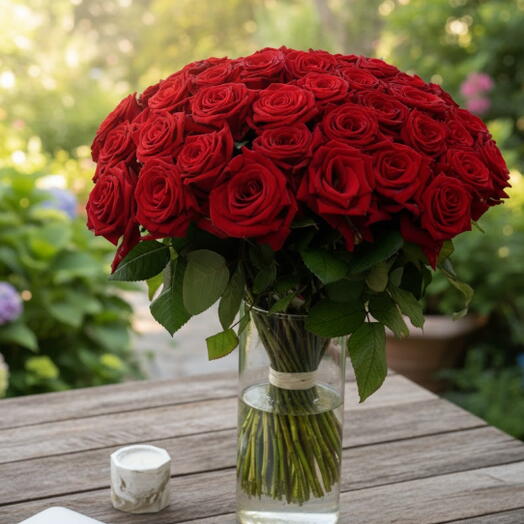 50 премиальных красных роз в вазе