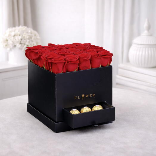 Crimson Cube – 25 Red Roses   Ferrero Rocher Box