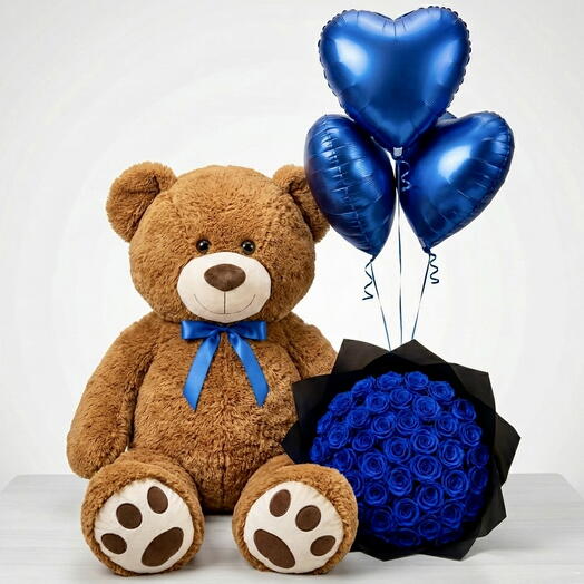 Midnight Hug – Jumbo Teddy, 41 Blue Roses   Balloons