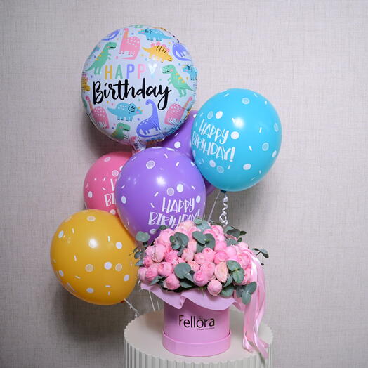 6 Latex Balloons, 1 Happy Birthday Foil Balloon, and Mansfield Park Pink Peony Roses Flower Box 6564