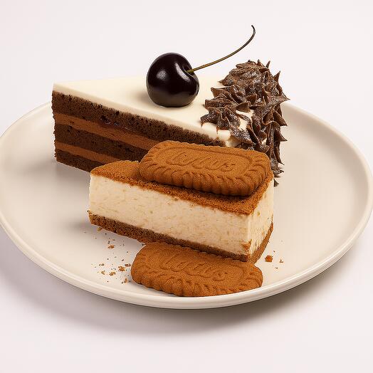 Tranche de gâteau Forêt-Noire et Lotus