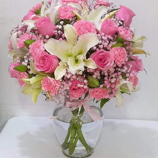 Carnation, Lilies   Roses In Glass Vase;