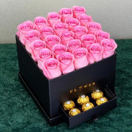 Blush Elegance – 25 Pink Roses   Ferrero Rocher Box