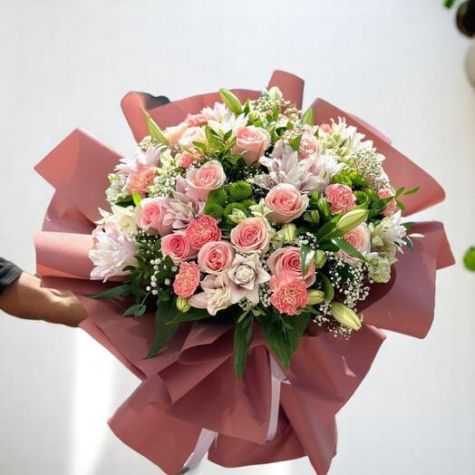 Blushing Elegance Bouquet – Pink Roses, Lilies   Carnations with Lush Greenery