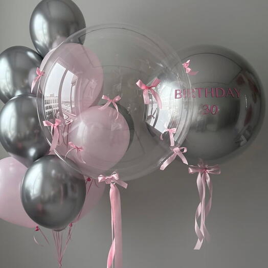 Bow Silver and Pink Birthday Helium Balloon Set