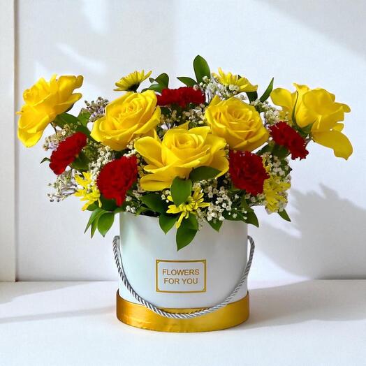 Radiant Reverie – Yellow Roses, Carnations   Chrysanthemums in Box