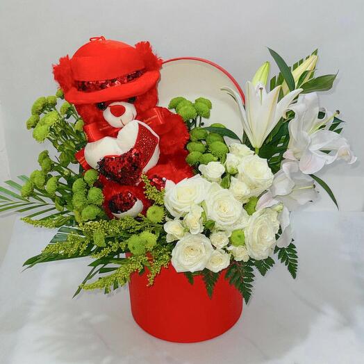 White Roses   Lily Box with Teddy Bear