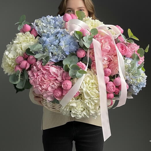 Premium Hydrangeas with peony roses basket