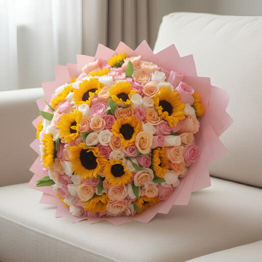 🌻💖 Sunny Elegance! Pink, Peach   White Roses with Sunflowers = A Dream Bouquet! FlowerGoals GiftIdeas