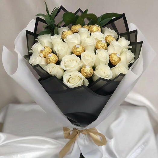 White Rose Bouquet with Scattered Chocolates - Congratulations Bouquet