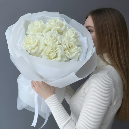 Snow _ 7 белых французских роз премиум-букет