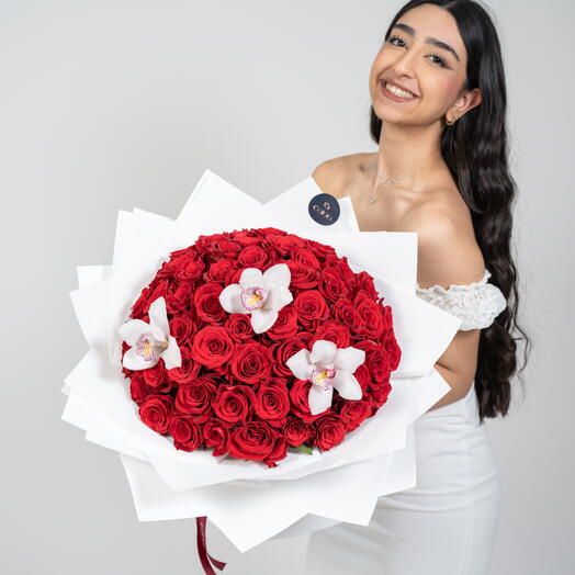 Red Roses with Cymbidium Orchid
