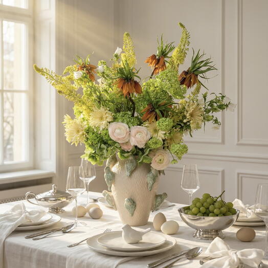 «Garden symphony» bouquet in vase — gerbera, fritillaria, eremurus, viburnum, ranunculus