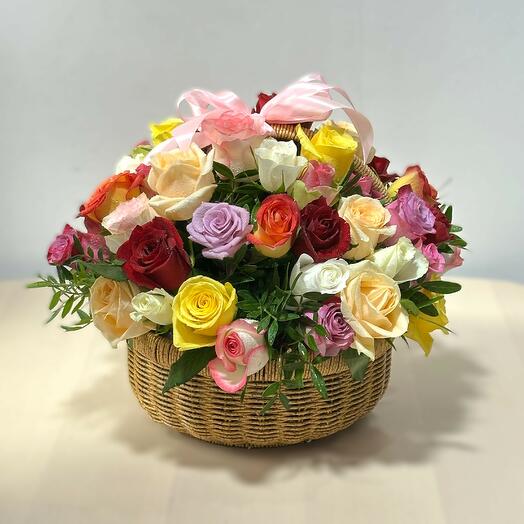 Basket of 51 Mixed Roses with Fillers – Luxury Floral Arrangement