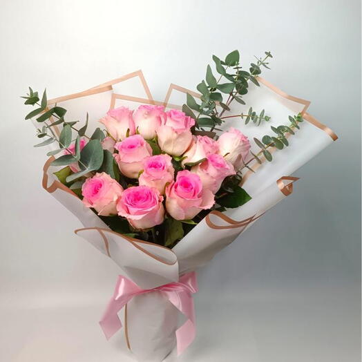 Розовая роза   Эвкалиптовый букет