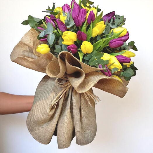 Tulips Royal Hand Bouquet - Mixed Color Fresh Tulips with Greenery