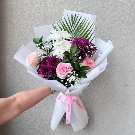 Bouquet de roses + chrysanthèmes