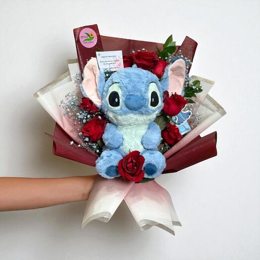 Букет роз Стич – плюшевая игрушка с красными розами