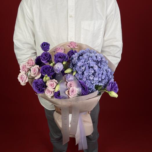 Violet Flora: Bouquet of Purple Hydrangeas, Lilac Spray Roses and Dark Purple Eustoma