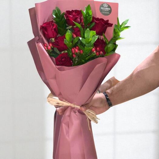 Elegant 7 Red Roses Bouquet with Ruscus   Hypericum – December Flowers UAE