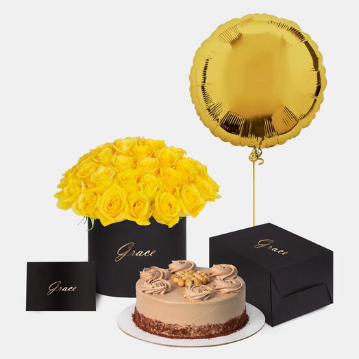 Yellow Roses in Box with Nutella Cake Bundle