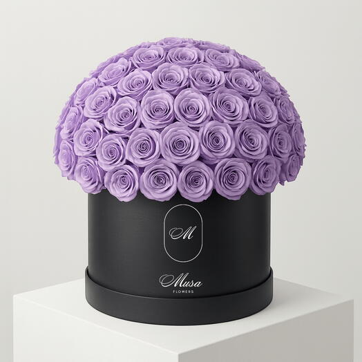 Шляпная коробка с 99 роскошными фиолетовыми розами Arry