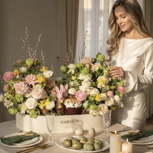 «Easter glow» — flower arrangement with a Easter cake and realistic candles in a box (80x60 cm)