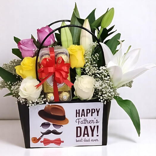 Father s Day Flower   Chocolate Gift Basket – Lily, Rose   Ferrero Rocher Floral Box for Dad