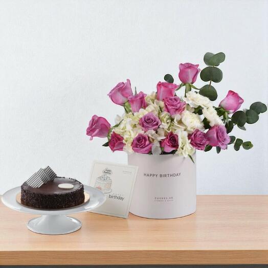 Королевский аметистовый праздничный набор – коробка с фиолетовыми розами и открыткой на торт