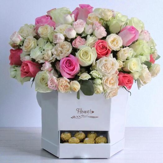 Luxury Pink   White Roses Box with Ferrero Rocher Chocolates