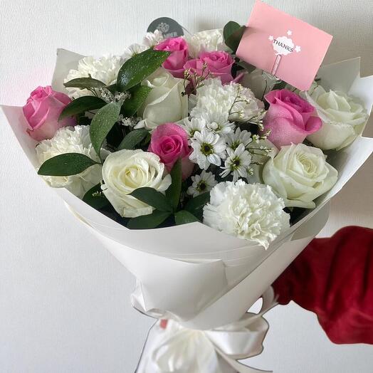 Mix Rose and White Flowers Bouquet – Elegant Roses, Carnations   Chrysanthemums