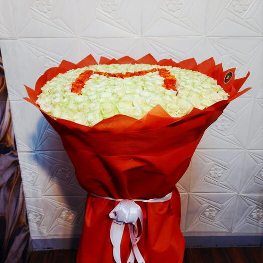 301White  Roses bouquet With Name Latter M