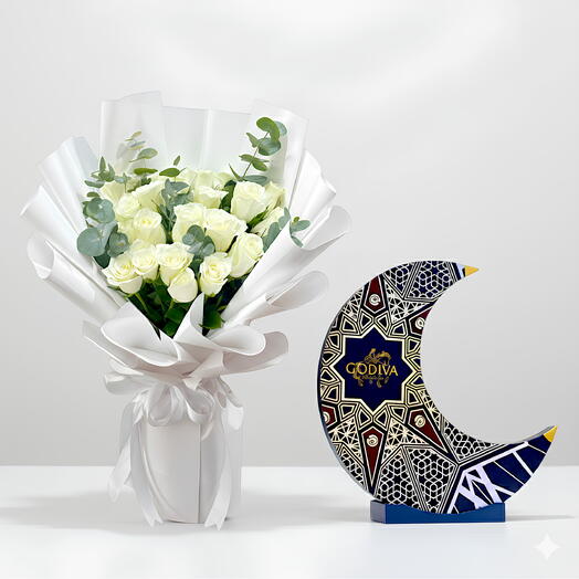 Элегантные белые розы   Шоколад Godiva Moon
